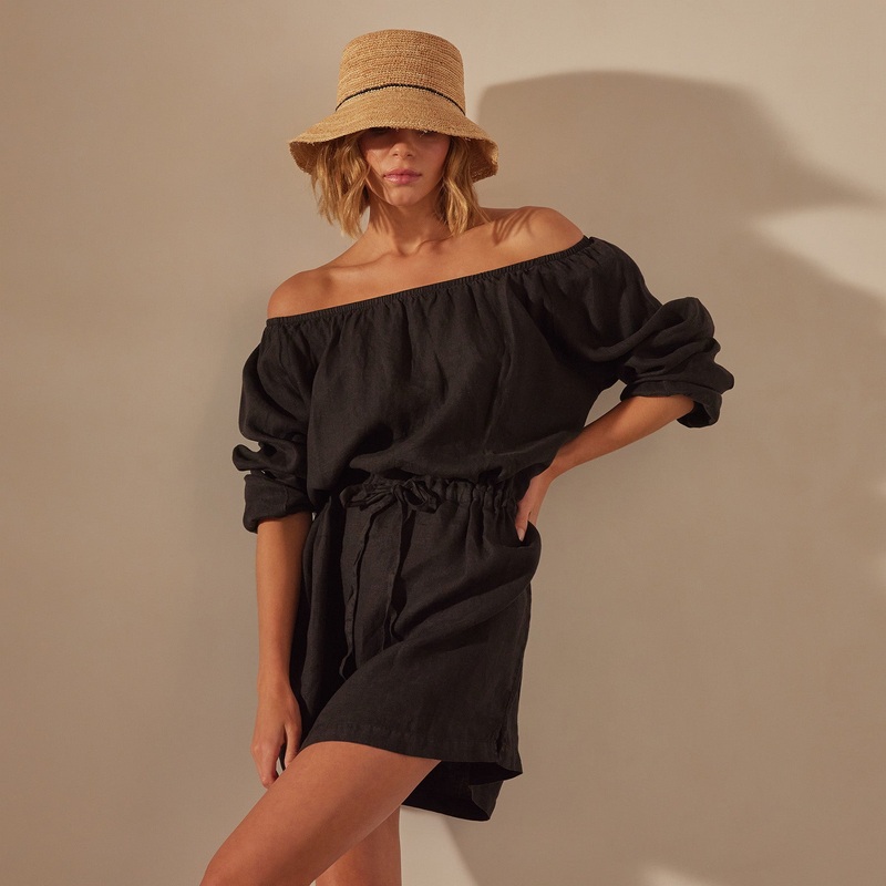 Gathered Linen Dress – Black