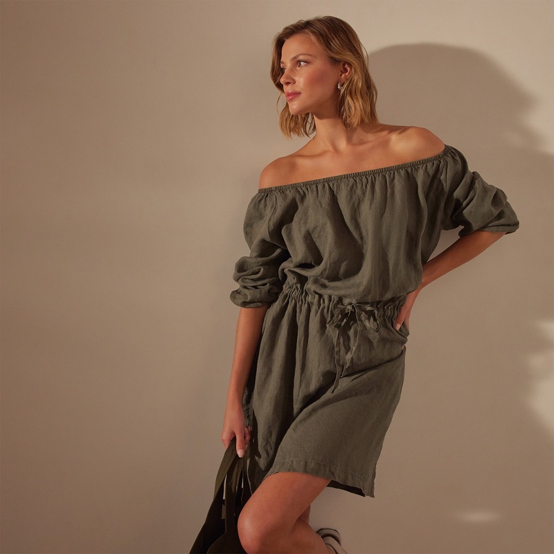 Gathered Linen Dress – Palm Pigment