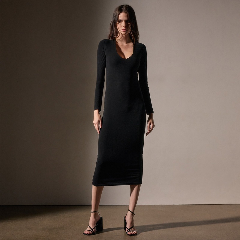 Stretch Lotus Deep V Dress – Black