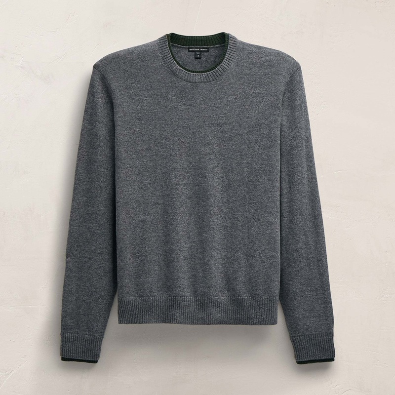 Contrast Trim Cashmere Crew – Mid Grey/Forest