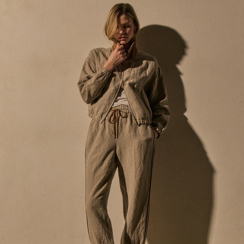 Linen Pant With Suede Piping – Natural/Tabacco
