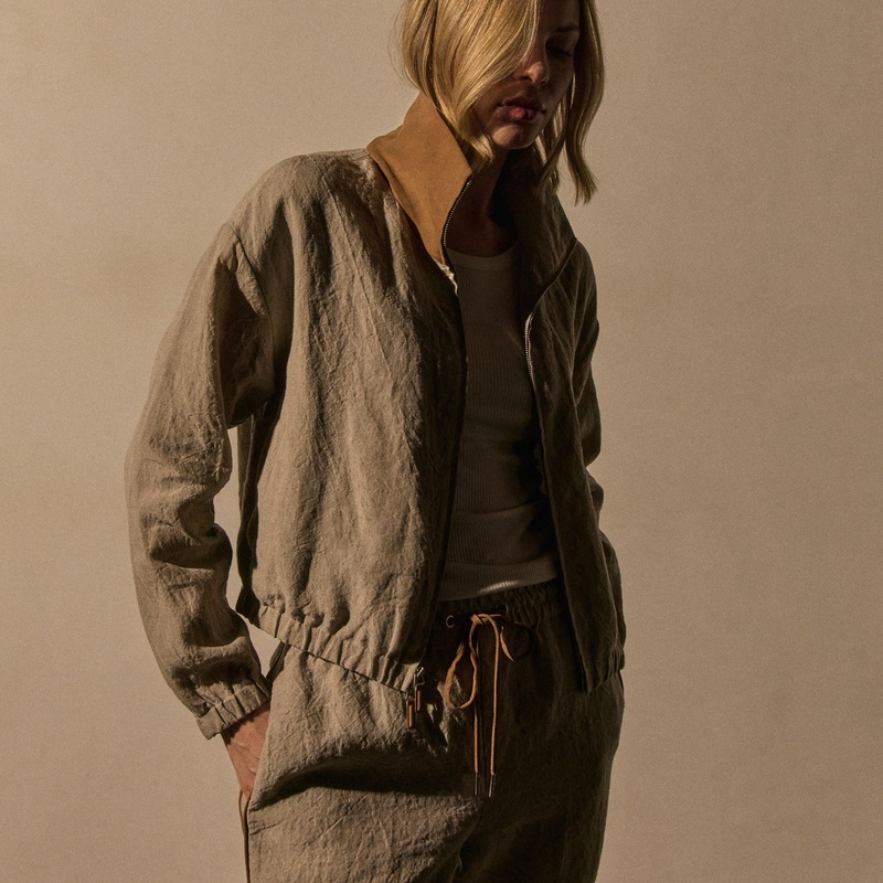 Linen Track Jacket With Suede – Natural/Tabacco