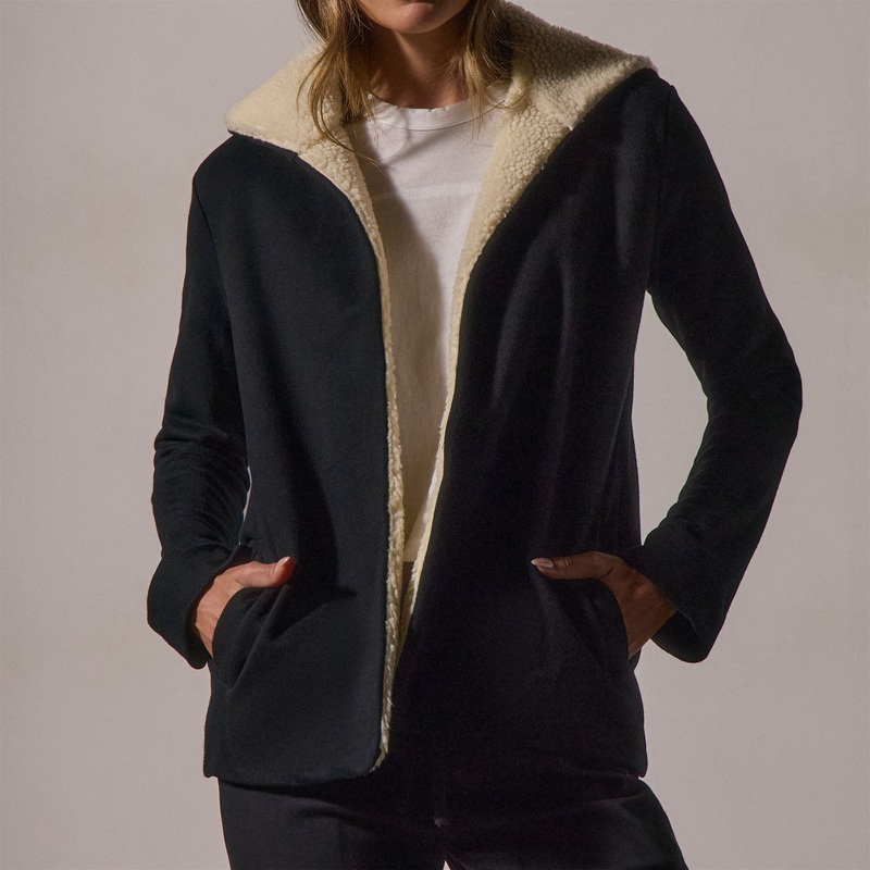 Sherpa Hooded Open Front Jacket – Black
